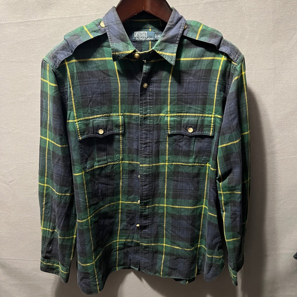 Polo Ralph Lauren Mens XL Green Blue Plaid Military Epaulet Button Down Shirt